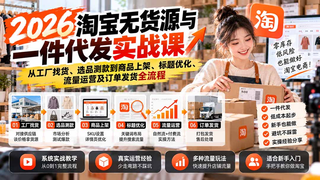 2026淘宝无货源与一件代发实战课:从工厂找货、选品测款到商品上架、标题优化、流量运营及订单发货全流程-源创文化