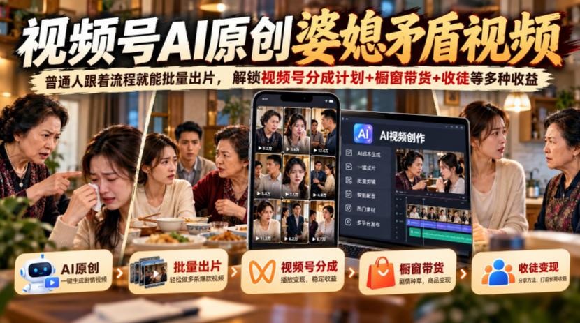 视频号ai原创婆媳矛盾视频,普通人跟着流程就能批量出片,解锁视频号分成计划+橱窗带货+收徒等多种收益-源创文化