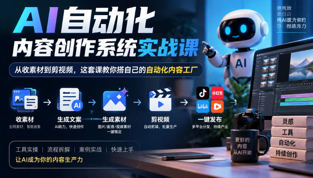 AI自动化内容创作系统实战课,从收素材到剪视频,这套课教你搭自己的自动化内容工厂-源创文化