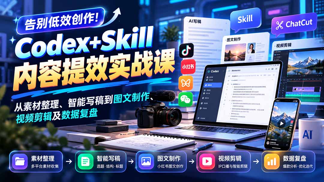 【无水印】告别低效创作!Codex+Skill内容提效实战课:从素材整理、智能写稿到图文制作、视频剪辑及数据复盘-源创文化