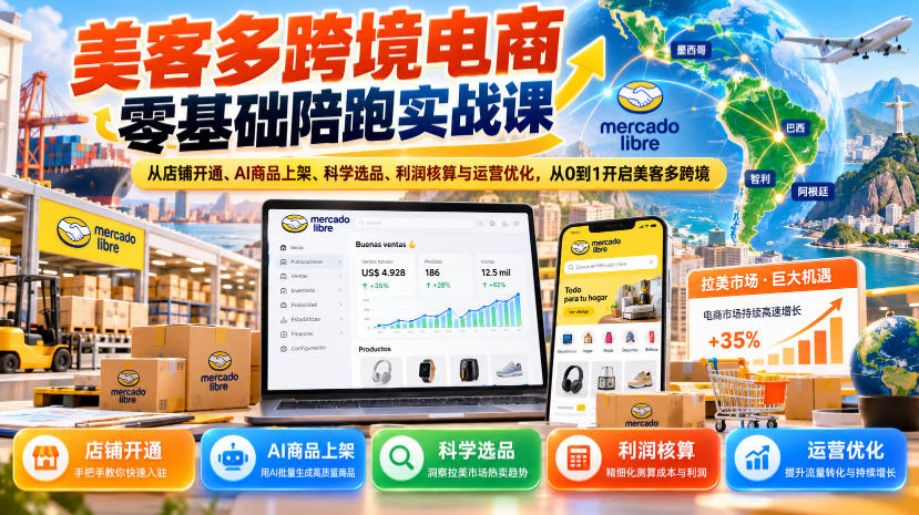 美客多跨境电商零基础陪跑实战课:从店铺开通、AI商品上架、科学选品、利润核算与运营优化,从0到1开启美客多跨境-源创文化