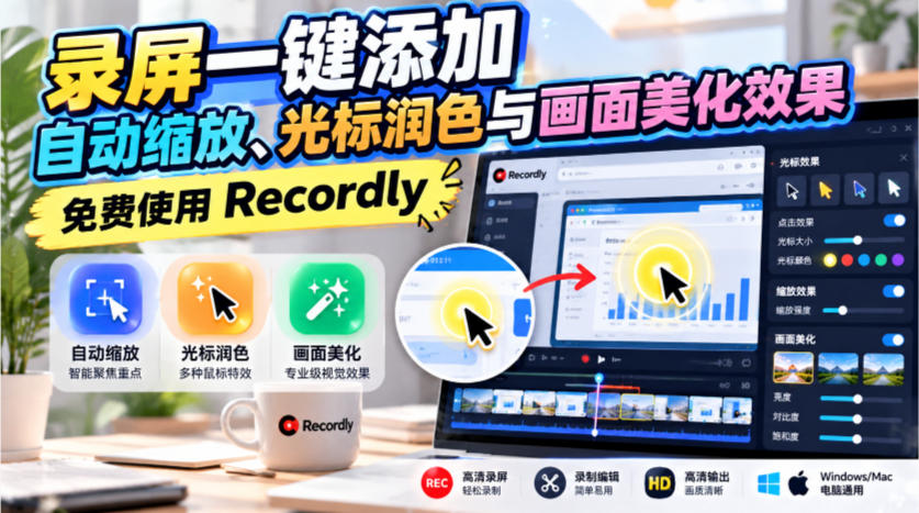 录屏一键添加自动缩放、光标润色与画面美化效果，免费使用Recordly-源创文化