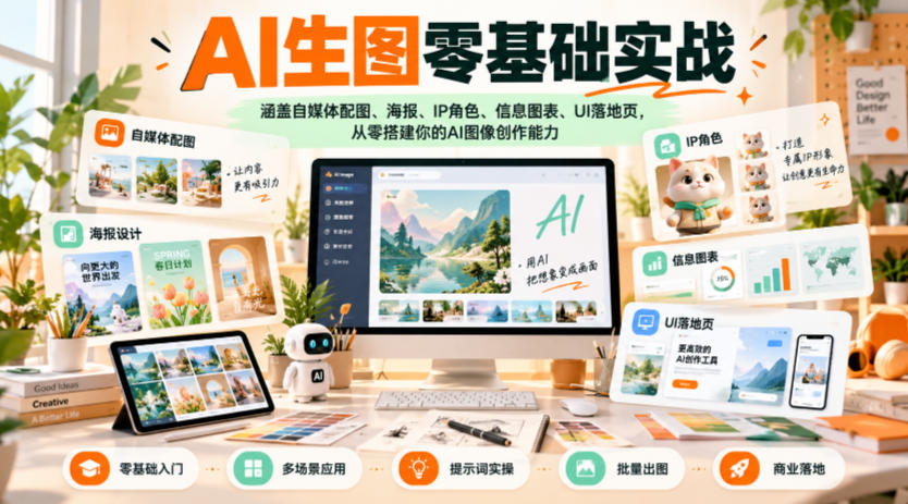 AI生图零基础实战,涵盖自媒体配图、海报、IP角色、信息图表、UI落地页,从零搭建你的AI图像创作能力-源创文化