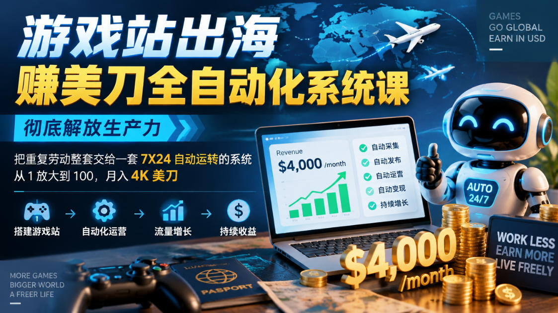 游戏站出海賺美刀全自动化系统课,彻底解放生产力--把重复劳动整套交给一套7X24自动运转的系统,从1放大到100,月入4K美刀-源创文化