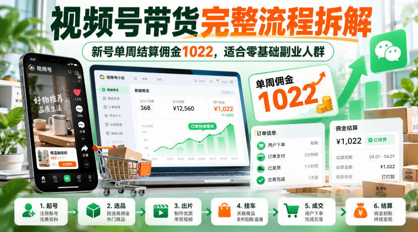 视频号带货完整流程拆解，新号单周结算佣金1022，适合零基础副业人群-源创文化