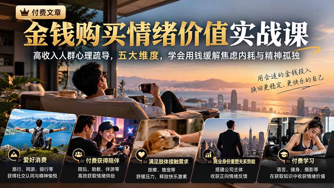付费文章:金钱购买情绪价值实战课|高收入人群心理疏导,五大维度,学会用钱缓解焦虑内耗与精神孤独-源创文化