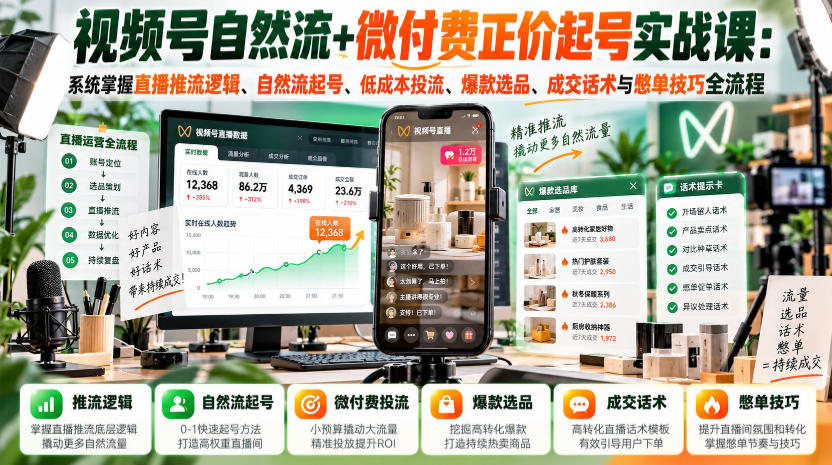 视频号自然流+微付费正价起号实战课:系统掌握直播推流逻辑、自然流起号、低成本投流、爆款选品、成交话术与憋单技巧全流程-源创文化