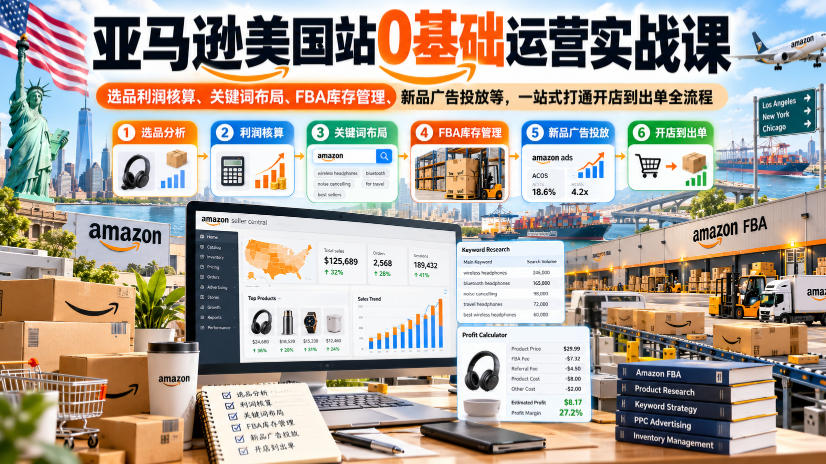 亚马逊美国站0基础运营实战课|选品利润核算、关键词布局、FBA库存管理、新品广告投放等,一站式打通开店到出单全流程-源创文化