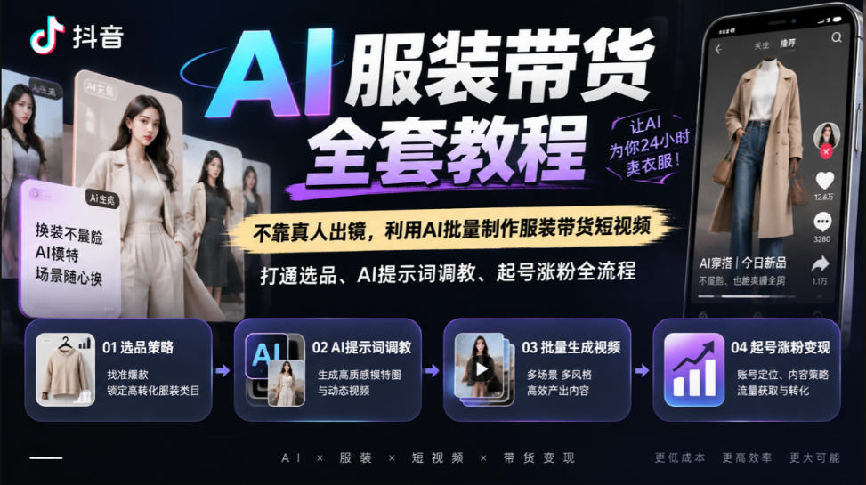 抖音AI服装带货全套教程,不靠真人出镜,利用AI批量制作服装带货短视频,打通选品、AI提示词调教、起号涨粉全流程-源创文化