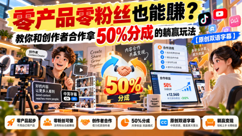 【无水印】零产品零粉丝也能賺?教你和创作者合作拿50%分成的躺赢玩法【原创双语字幕】-源创文化