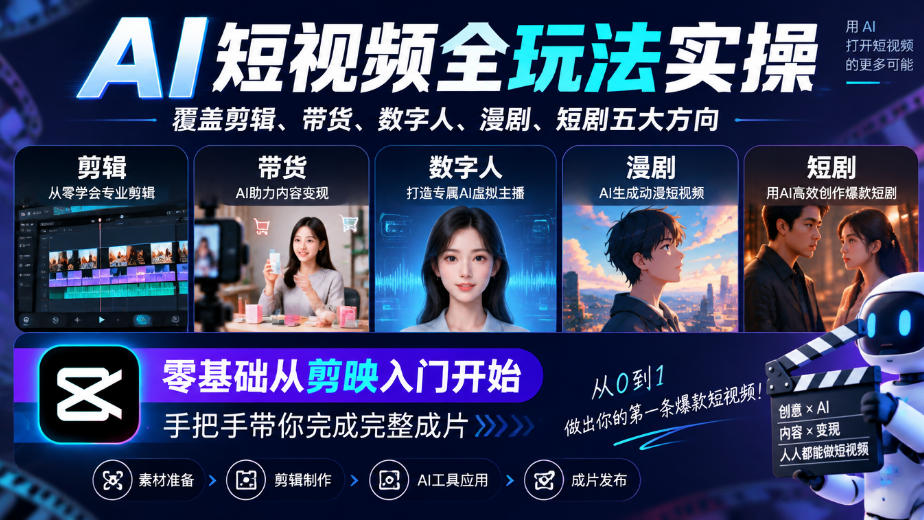 AI短视频全玩法实操,覆盖剪辑、带货、数字人、漫剧、短剧五大方向,零基础从剪映入门开始,手把手带你完成完整成片-源创文化