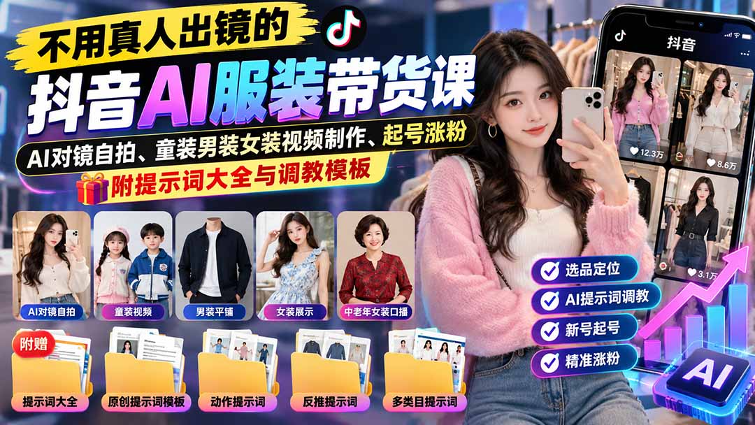 不用真人出镜的抖音AI服装带货课:AI对镜自拍、童装男装女装视频制作、起号涨粉,附提示词大全与调教模板-源创文化