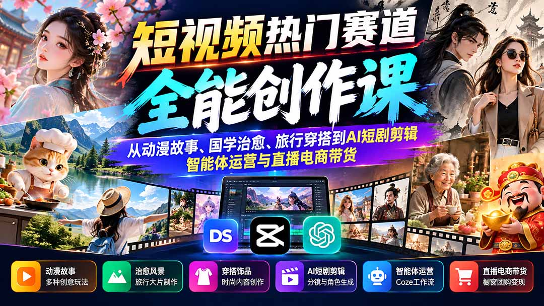 短视频热门赛道全能创作课:从动漫故事、国学治愈、旅行穿搭到AI短剧剪辑、智能体运营与直播电商带货-源创文化