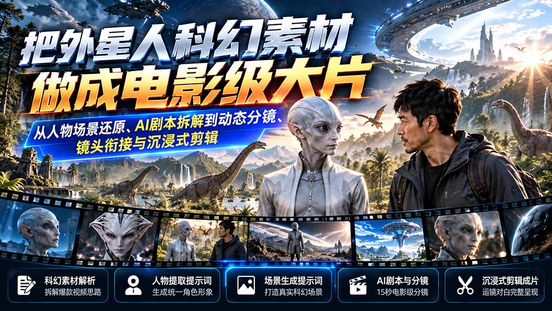 把外星人科幻素材做成电影级大片:从人物场景还原、AI剧本拆解到动态分镜、镜头衔接与沉浸式剪辑-源创文化
