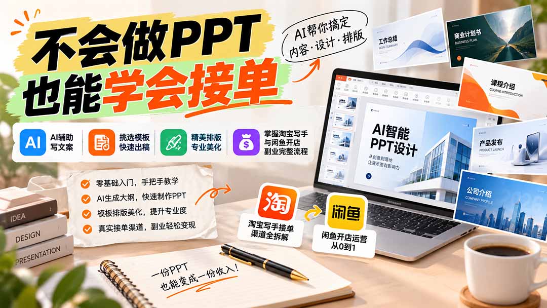 不会做PPT也能学会接单:AI辅助写文案、挑模板、做排版,掌握淘宝写手与闲鱼开店副业完整流程-源创文化