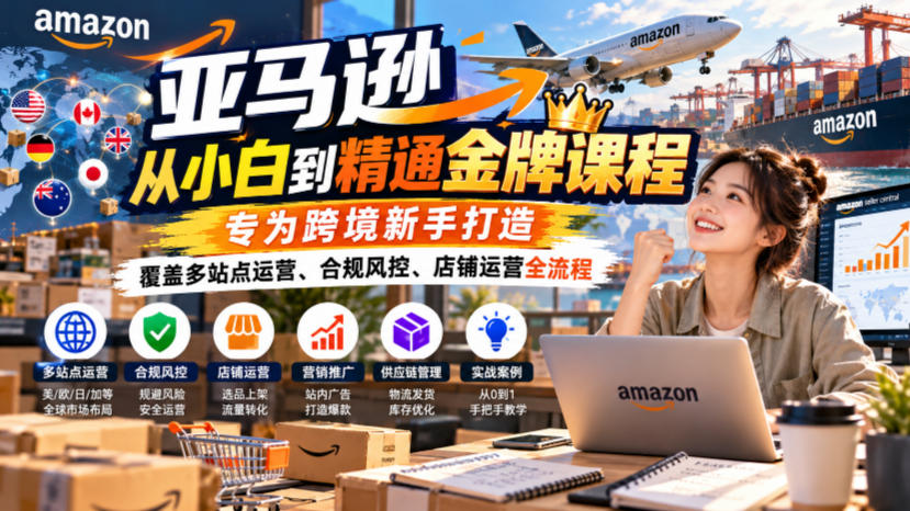 亚马逊从小白到精通金牌课程,专为跨境新手打造,覆盖多站点运营、合规风控、店铺运营全流程-源创文化