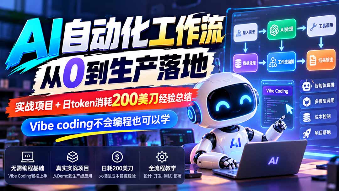 【无水印】AI自动化工作流从0到生产落地,实战项目+日token消耗200美刀经验总结,Vibe coding不会编程也可以学-源创文化