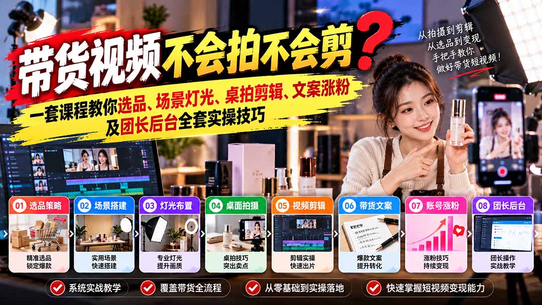 带货视频不会拍不会剪?一套课程教你选品、场景灯光、桌拍剪辑、文案涨粉及团长后台全套实操技巧 复制标题-源创文化