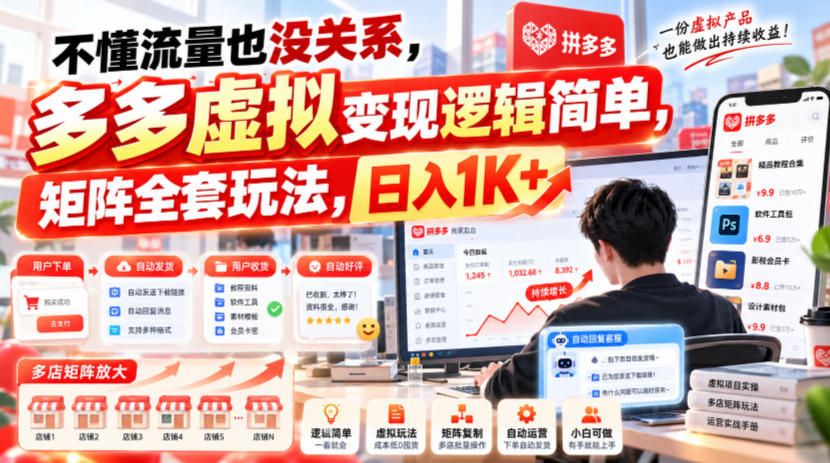 不懂流量也没关系，多多虚拟变现逻辑简单，矩阵全套玩法，日入1K+【揭秘】-源创文化