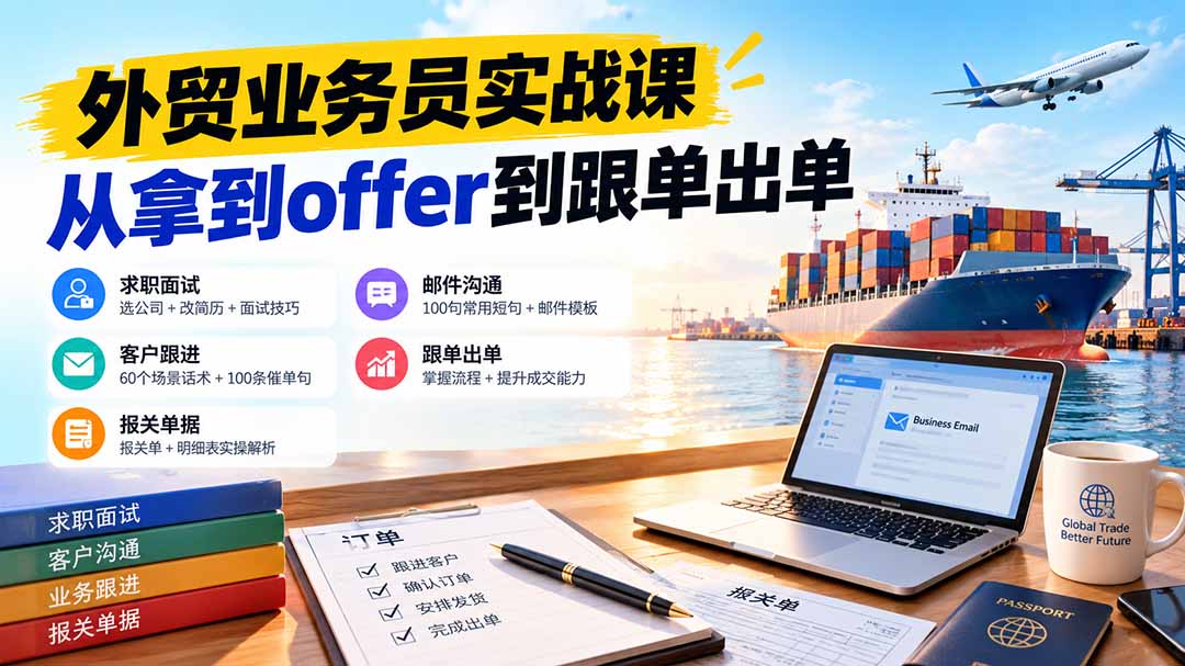 外贸业务员从求职到出单实战课：教你筛选优质公司、优化简历、应对面试、客户跟进催单及出口报关操作篇-源创文化