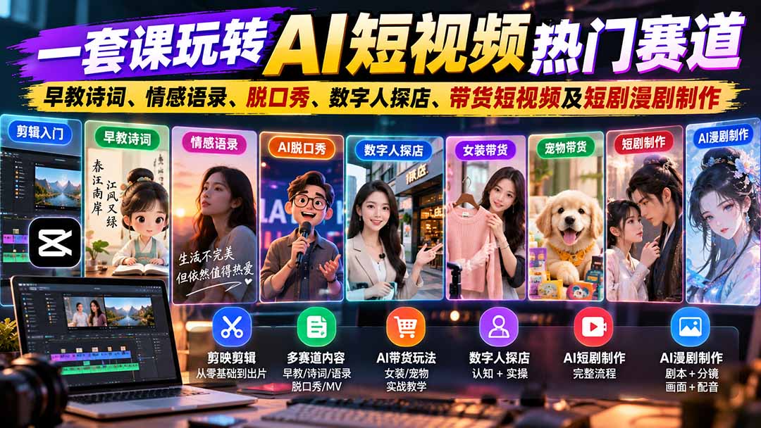 一套课玩转AI短视频热门赛道:早教诗词、情感语录、脱口秀、数字人探店、带货短视频及短剧漫剧制作 复制标题-源创文化
