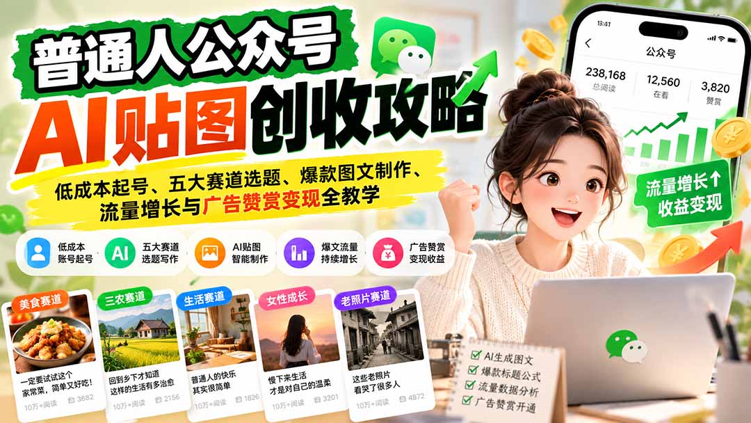 普通人公众号AI贴图创收攻略:低成本起号、五大赛道选题、爆款图文制作、流量增长与广告赞赏变现全教学-源创文化