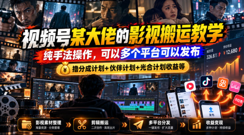 视频号某大佬的影视搬运教学,纯手法操作,可以多个平台可以发布,撸分成计划+伙伴计划+光合计划收益等-源创文化