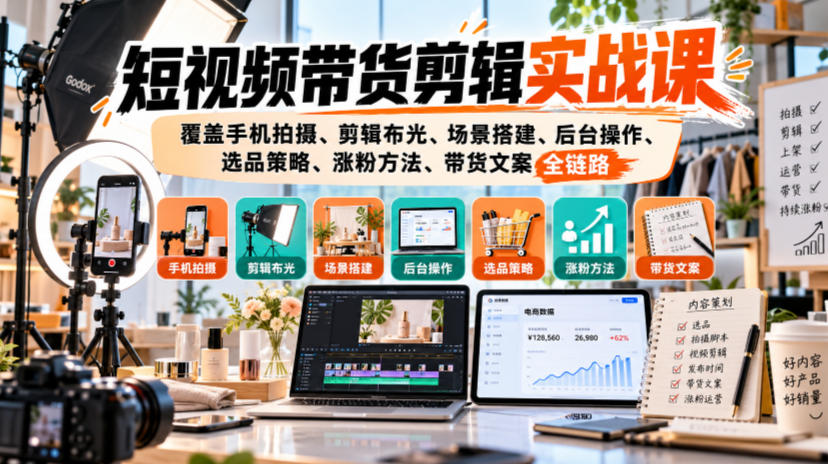短视频带货剪辑实战课，覆盖手机拍摄、剪辑布光、场景搭建、后台操作、选品策略、涨粉方法、带货文案全链路-源创文化