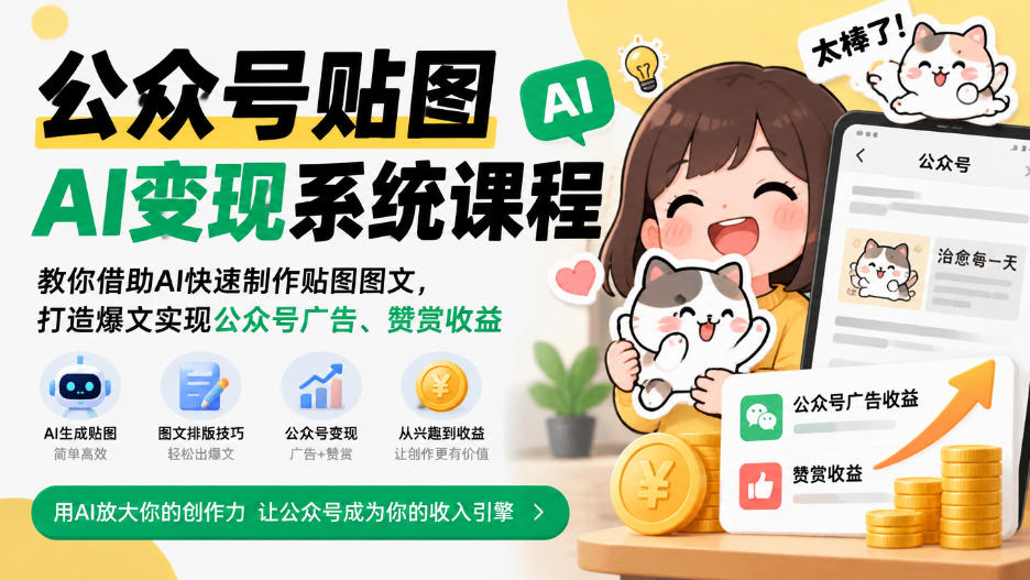 公众号贴图AI变现系统课程|教你借助AI快速制作贴图图文,打造爆文实现公众号广告、赞赏收益-源创文化