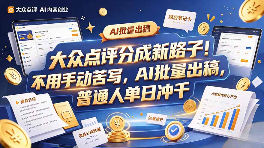 大众点评副业新玩法，工具提效解放双手，批量做笔记，单日可破千-源创文化