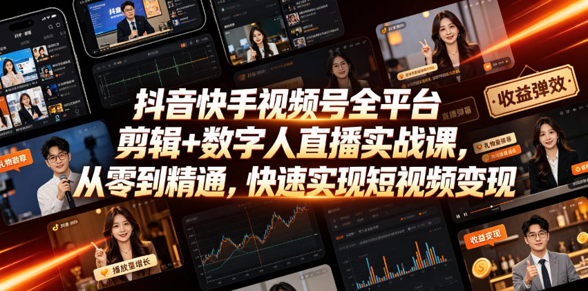 抖音快手视频号全平台剪辑+数字人直播实战课,从零到精通,快速实现短视频变现(更新2026年10月)-源创文化