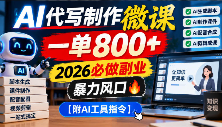 AI代写制作微课,一单800+,2026必做副业,暴力风口【附AI工具指令】【揭秘】-源创文化