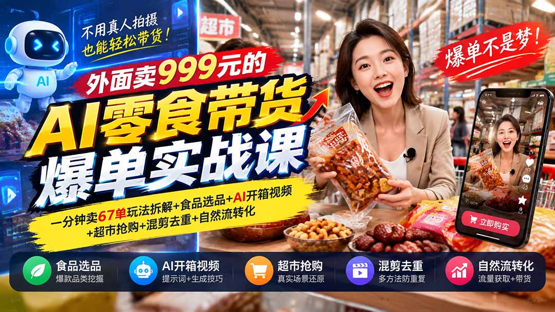 外面卖999元的AI零食带货爆单实战课|一分钟卖67单玩法拆解+食品选品+AI开箱视频+超市抢购+混剪去重+自然流转化-源创文化