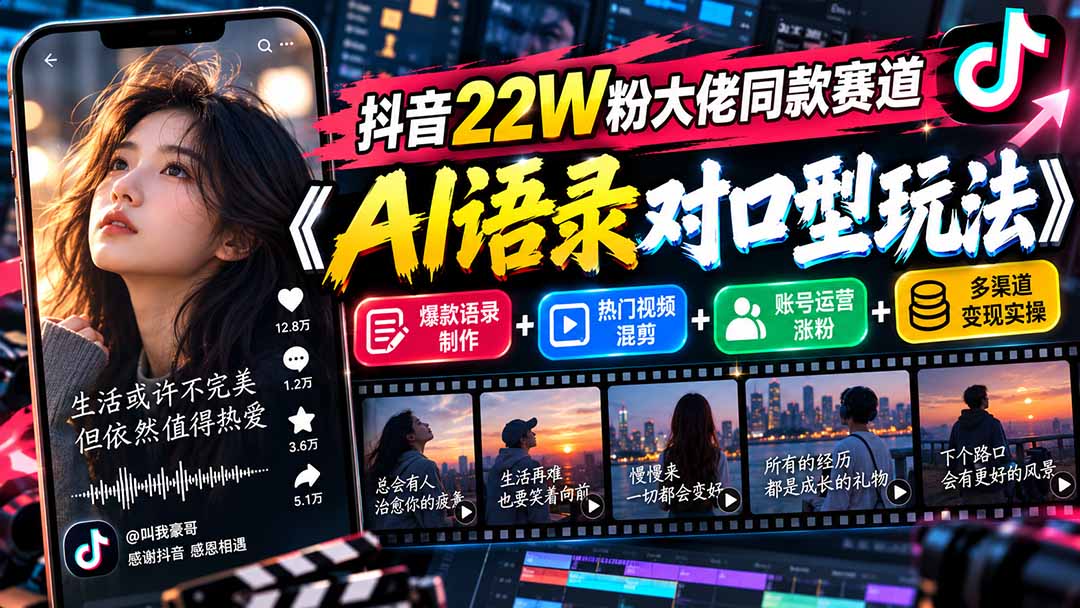 抖音22W粉大佬同款赛道《AI语录对口型玩法》:爆款语录制作+热门视频混剪+账号运营涨粉+多渠道变现实操-源创文化