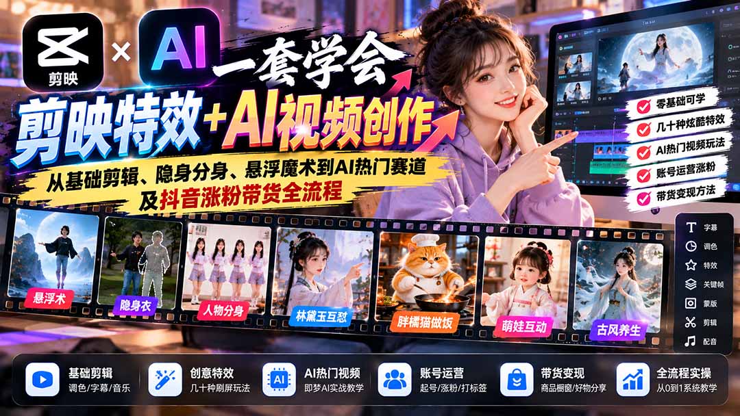 一套学会剪映特效+AI视频创作:从基础剪辑、隐身分身、悬浮魔术到AI热门赛道及抖音涨粉带货全流程-源创文化