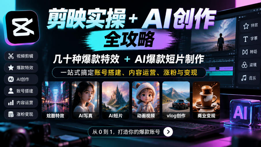 剪映实操+AI创作全攻略|几十种爆款特效+AI爆款短片制作,一站式搞定账号搭建、内容运营、涨粉与变现-源创文化