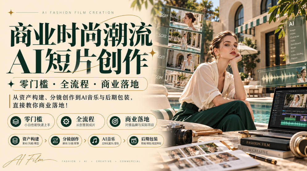 商业时尚潮流AI短片创作|零门槛・全流程・商业落地,从资产构建、分镜创作到AI音乐与后期包装,直接教你商业落地!-源创文化