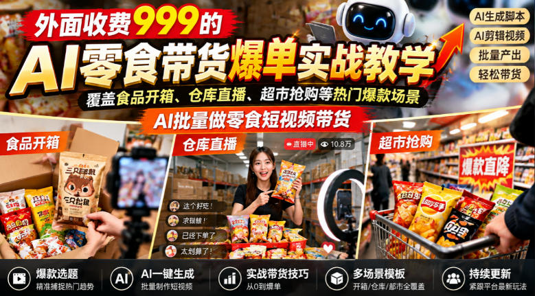 外面收费999的AI零食带货爆单实战教学，覆盖食品开箱、仓库直播、超市抢购等热门爆款场景，AI批量做零食短视频带货-源创文化