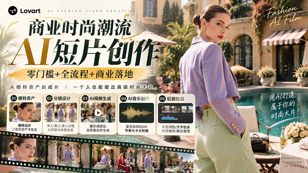 从一张模特图到高级时尚广告大片:AI三视图资产、场景合成、电影分镜、动态生成与复古音乐剪辑实战课-源创文化