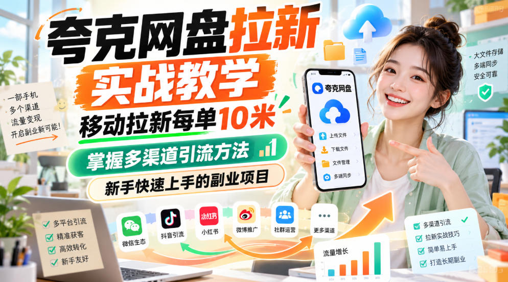 夸克网盘拉新实战教学，移动拉新每单10米，掌握多渠道引流方法，新手快速上手的副业项目(更新1017)-源创文化