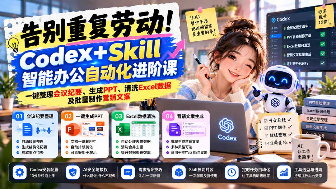 告别重复劳动！Codex+Skill智能办公自动化进阶课：一键整理会议纪要、生成PPT、清洗Excel数据及批量制作营销文案-源创文化