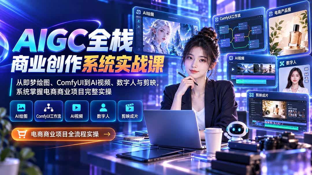 AIGC全栈商业创作系统实战课-更新1017：从即梦绘图、ComfyUI到AI视频、数字人与剪映，系统掌握电商商业项目完整实操-源创文化