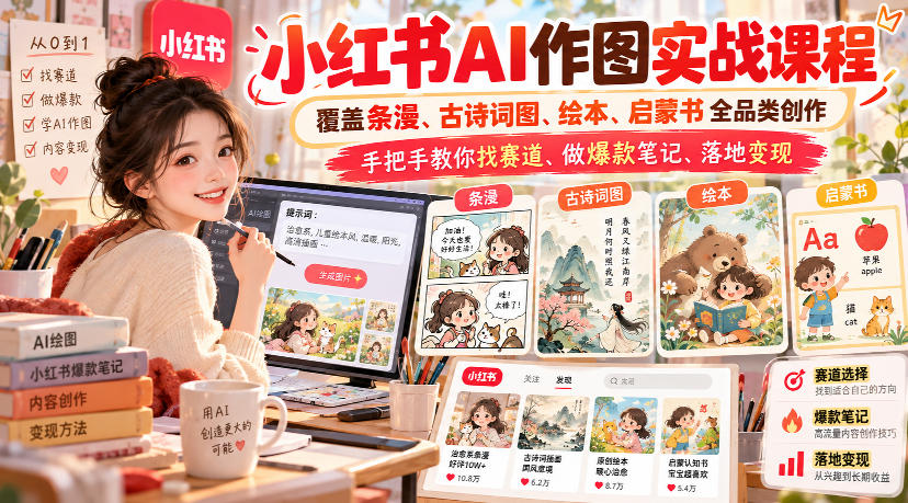 小红书AI作图实战课程，覆盖条漫、古诗词图、绘本、启蒙书全品类创作，手把手教你找赛道、做爆款笔记、落地变现(更新1017)-源创文化