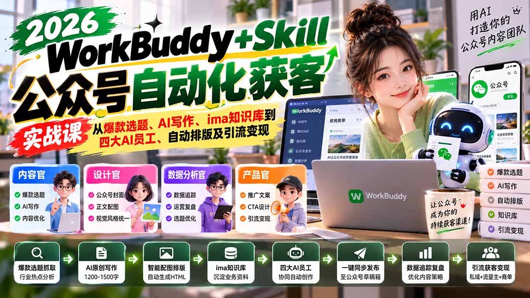 WorkBuddy + Skill公众号自动化获客实战课：从爆款选题、AI写作、ima知识库到四大AI员工、自动排版及引流变现-源创文化