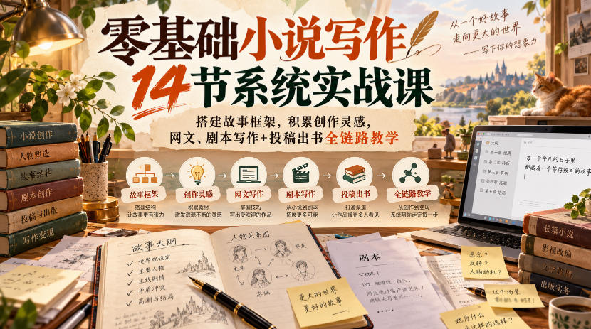 零基础小说写作14节系统实战课，搭建故事框架，积累创作灵感，网文、剧本写作+投稿出书全链路教学-源创文化