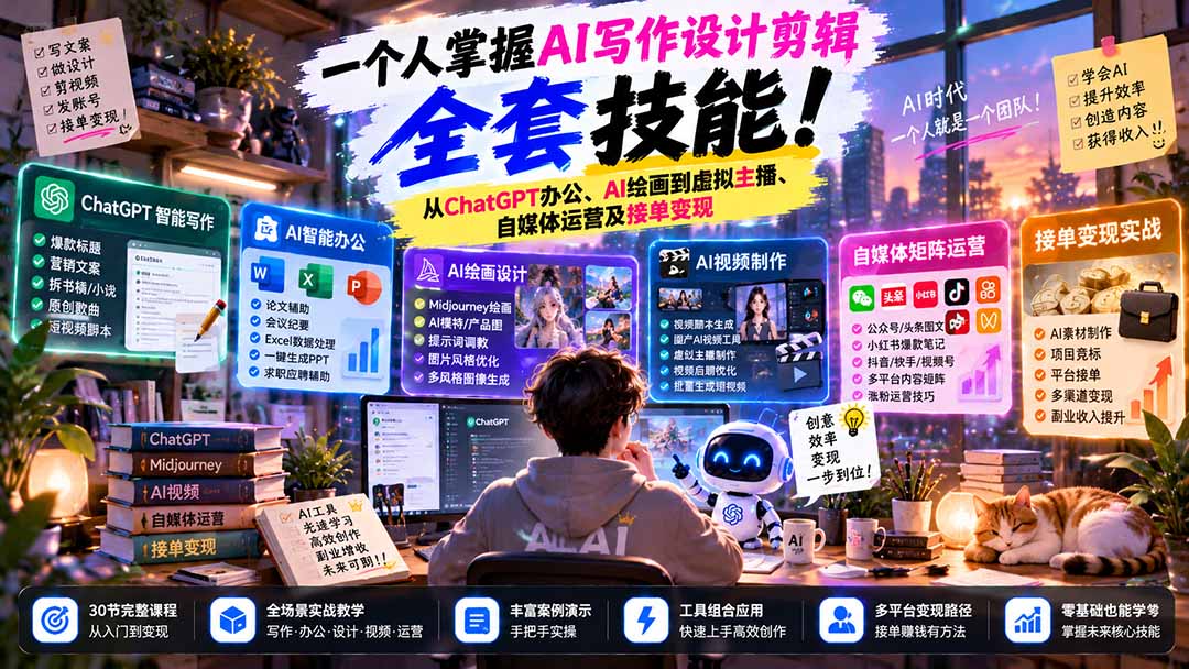一个人掌握AI写作设计剪辑全套技能:从ChatGPT办公、AI绘画到虚拟主播、自媒体运营及接单变现-源创文化