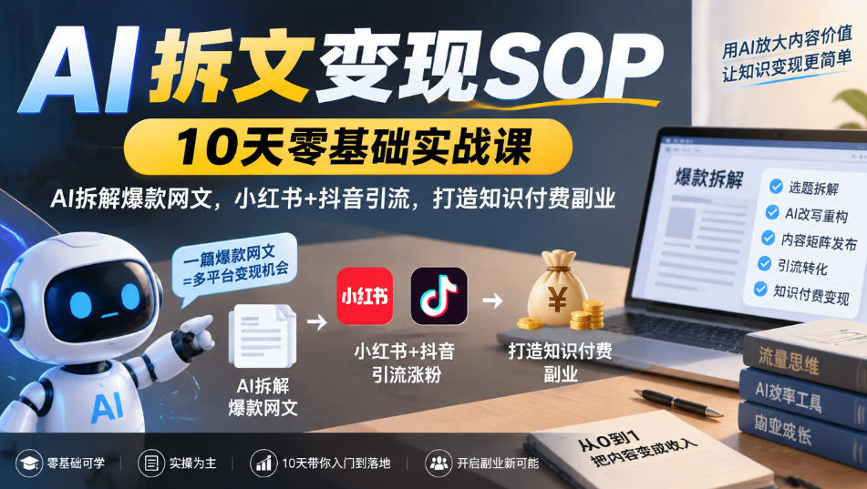 AI拆文变现SOP｜10天零基础实战课，AI拆解爆款网文，小红书+抖音引流，打造知识付费副业-源创文化