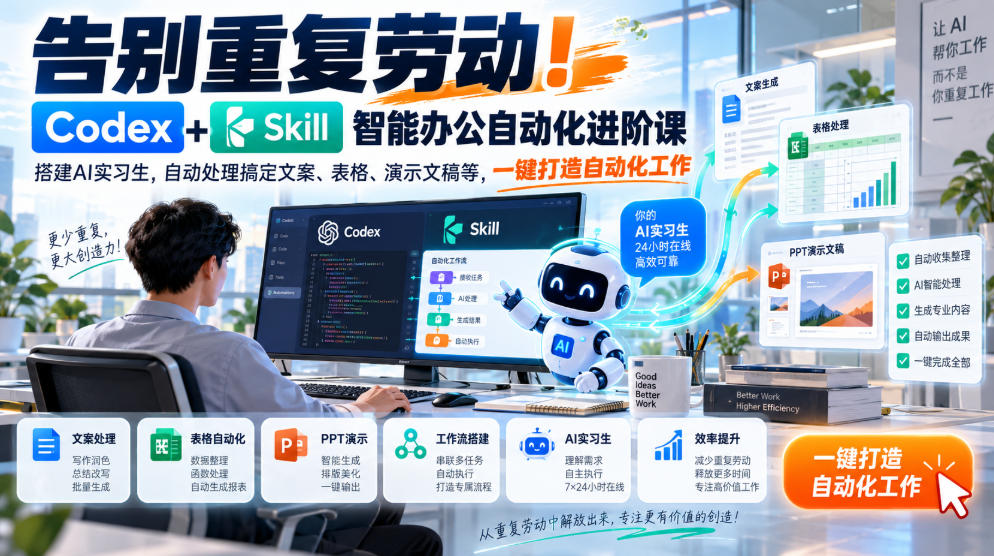 告别重复劳动！Codex+Skill智能办公自动化进阶课｜搭建AI实习生，自动处理搞定文案、表格、演示文稿等，一键打造自动化工作-源创文化
