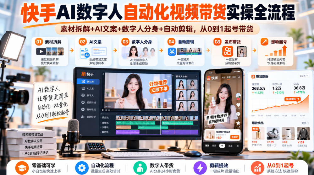快手AI数字人自动化视频带货实操全流程|素材拆解+AI文案+数字人分身+自动剪辑,从0到1起号带货(更新26年)-源创文化