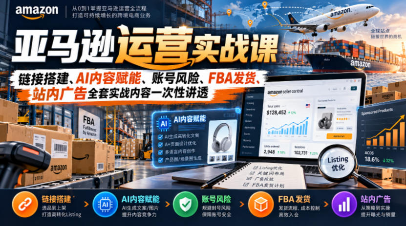 亚马逊运营实战课,链接搭建、AI内容赋能、账号风险、FBA发货、站内广告全套实战内容一次性讲透-源创文化